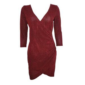 Trixxi Dress Womens Size XL Pullover Red Sparkle Glitter Ruched V Neck Stretch